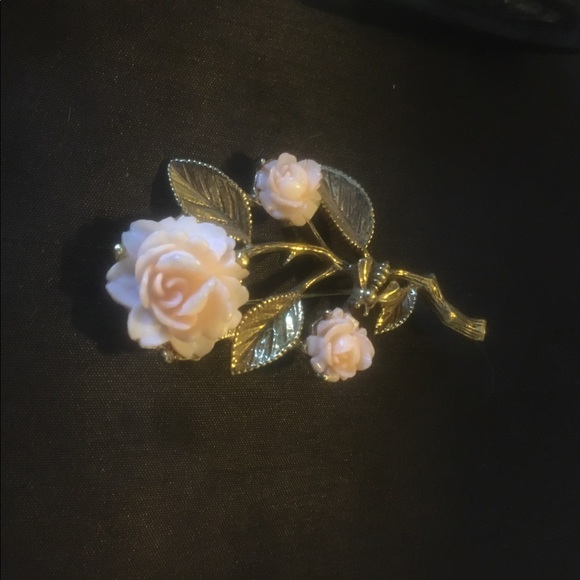 Vintage Pink Rose Flower Leaf Brooch Pin - Picture 3 of 5